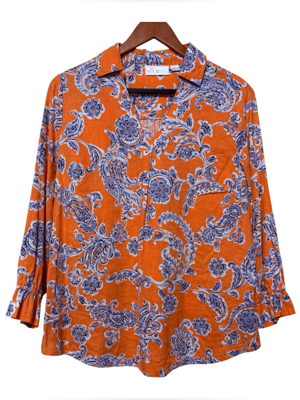 Belle Kim Gravel Linen Paisley Print Shirt Women’s Size Small Ruffle Sleeve Boho
